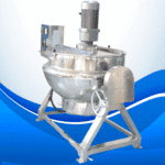 Stainless steel double jacketed kettle with stirrer, ideal for industrial food mixing and cooking ap.
