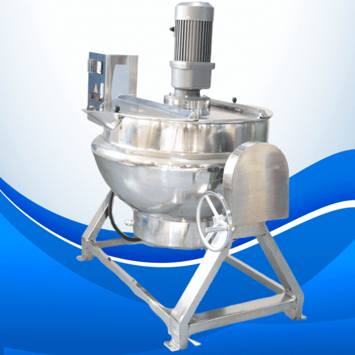 Stainless steel double jacketed kettle with stirrer, ideal for industrial food mixing and cooking ap.