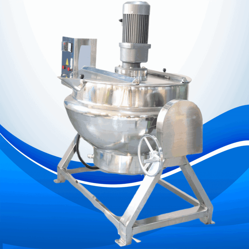 Stainless steel double jacketed kettle with stirrer, ideal for industrial food mixing and cooking ap.